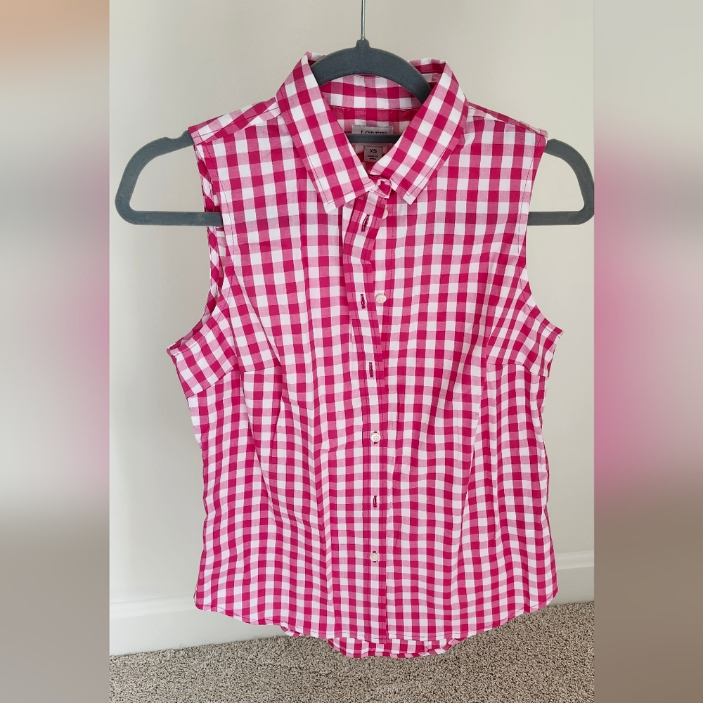 J. Crew Pink and White Gingham Sleeveless Shirt
